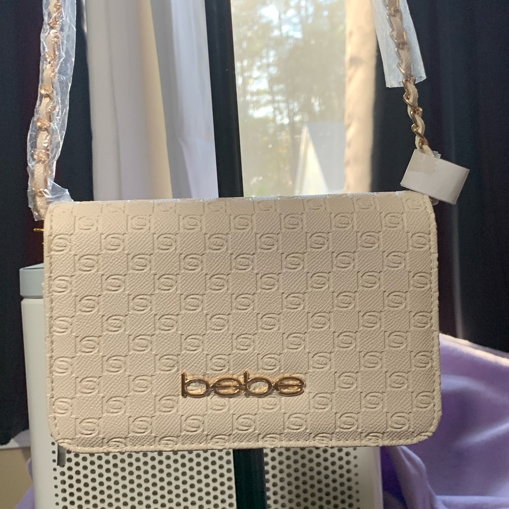 Bebe Gold Logo Cream Crossbody Bag